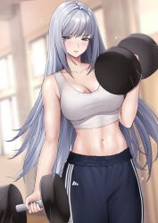 Rule 34 | 1girl, absurdres, bare arms, bare shoulders, blue eyes, blue pants, breast tattoo, breasts, cleavage, collarbone, commentary, cowboy shot, crop top, dumbbell, ethel (xenoblade), exercising, grey hair, highres, indoors, large breasts, long hair, looking at viewer, mari48240422, midriff, navel, pants, parted lips, solo, sports bra, standing, stomach, tattoo, very long hair, weightlifting, xenoblade chronicles (series), xenoblade chronicles 3