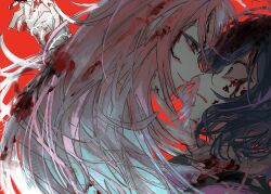 Rule 34 | 2boys, black hair, blood, blood in hair, blood on clothes, blood on face, hatsutori hajime, highres, holding hands, i7271727, long hair, looking at another, male focus, multiple boys, open mouth, pink hair, red background, red eyes, saibou shinkyoku, scared, short hair, simple background, sketch, smirk, utsugi noriyuki