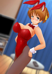 Rule 34 | 1girl, absurdres, animal ears, black pantyhose, blush, bow, bowtie, breasts, brown eyes, brown hair, cleavage, closed mouth, covered navel, fake animal ears, hair ornament, hair ribbon, hands on own hips, highres, hirasawa ui, indoors, k-on!, large breasts, leotard, looking at viewer, nanashi noiji, pantyhose, playboy bunny, ponytail, rabbit ears, red bow, red bowtie, red leotard, ribbon, shiny skin, smile, solo