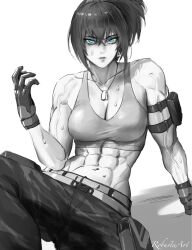 Rule 34 | 1girl, abs, armlet, bare shoulders, belt, blue eyes, breasts, dog tags, gloves, glowing, glowing eyes, greyscale, highres, leona heidern, monochrome, muscular, muscular female, navel, orochi leona, ponytail, robusta mania, sitting, sleeveless, soldier, tank top, the king of fighters, toned, veins, veiny arms