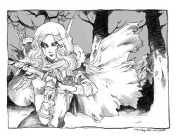 Rule 34 | armor, arrow (projectile), bikini armor, blood, bracer, cape, cloak, elf, facepaint, forest, hood, long hair, midriff, monochrome, nature, navel, pointy ears, quiver, smile, sword, sylvanas windrunner, torn clothes, tree, undead, warcraft, weapon, world of warcraft