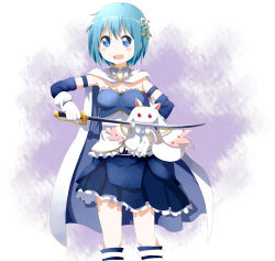 Rule 34 | 10s, 1girl, :3, blue eyes, blue hair, blush, cape, fortissimo, hair ornament, kyubey, magical girl, mahou shoujo madoka magica, mahou shoujo madoka magica (anime), miki sayaka, musical note, musical note hair ornament, open mouth, ruu (tksymkw), short hair, skirt, smile, sword, weapon