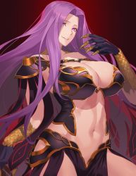 Rule 34 | 1girl, breasts, claws, cleavage, commentary, fate/grand order, fate (series), gorgon (fate), hair intakes, highres, hikichi sakuya, huge breasts, long hair, looking at viewer, medusa (fate), medusa (rider) (fate), monster girl, navel, parted lips, purple eyes, purple hair, red background, rider, scales, simple background, smile, solo, stomach, very long hair