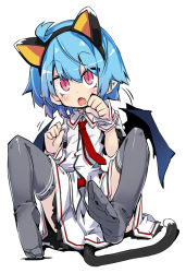 Rule 34 | 1girl, animal ears, black thighhighs, blue hair, blush, cat ears, cat tail, demon wings, fake animal ears, female focus, necktie, noya makoto, open mouth, paw pose, pink eyes, pointy ears, red necktie, remilia scarlet, short hair, simple background, sitting, skirt, slit pupils, solo, tail, thighhighs, touhou, white background, wings