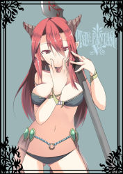 Rule 34 | 1girl, bad id, bad pixiv id, bikini, breasts, earrings, horns, jewelry, johnny funamushi, large breasts, long hair, navel, pixiv fantasia, pixiv fantasia 5, pointy ears, polearm, red eyes, red hair, see-through, solo, swimsuit, weapon