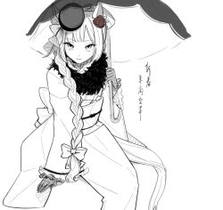 Rule 34 | 1girl, animal ears, bow, braid, braided ponytail, closed mouth, feet out of frame, flower, gloves, greyscale, hair bow, hair flower, hair ornament, hat, highres, holding, holding umbrella, horse ears, horse girl, horse tail, long sleeves, looking at viewer, mjtsu io8, monochrome, obi, parasol, sash, sitting, smile, solo, spot color, sweep tosho (umamusume), sweep tosho (whimsical scenery) (umamusume), tail, translation request, umamusume, umbrella, wide sleeves