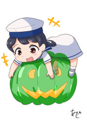 Rule 34 | 1girl, akashieru, black hair, blue sailor collar, brown eyes, chibi, commentary request, dress, full body, hat, hiburi (kancolle), highres, inflatable toy, jack-o&#039;-lantern, kantai collection, low ponytail, lying, on stomach, pumpkin, sailor collar, sailor dress, sailor hat, see-through, shoes, short hair, short sleeves, simple background, solo, uwabaki, white background, white dress, white hat
