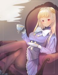 Rule 34 | 1girl, absurdres, albino, armchair, blonde hair, brown pantyhose, capcom fighting jam, chair, crossed legs, cup, gloves, hairpods, highres, ingrid (capcom), jacket, lace, lace-trimmed skirt, lace trim, long hair, pantyhose, pondack, purple jacket, purple skirt, red eyes, resolution mismatch, saucer, skirt, solo, source smaller, sparkle, steam, teacup, white gloves