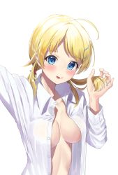 Rule 34 | 1girl, :p, ahoge, bad id, bad pixiv id, blonde hair, blush, breasts, closed mouth, collarbone, collared shirt, commentary request, dress shirt, hachimiya meguru, hair ornament, hairclip, hand up, highres, idolmaster, idolmaster shiny colors, k mugura, long hair, long sleeves, medium breasts, naked shirt, no bra, open clothes, open shirt, reaching, reaching towards viewer, shirt, simple background, smile, solo, swept bangs, tongue, tongue out, twintails, upper body, white background, white shirt