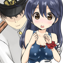 Rule 34 | 1boy, 1girl, admiral (kancolle), black hair, blue one-piece swimsuit, breasts, brown eyes, casual one-piece swimsuit, hat, kantai collection, kujira naoto, long hair, medium breasts, military, military uniform, naval uniform, official alternate costume, one-piece swimsuit, open mouth, peaked cap, polka dot, polka dot swimsuit, scrunchie, swimsuit, uniform, upper body, ushio (kancolle), wrist scrunchie