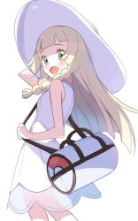 Rule 34 | 1girl, :d, bag, blonde hair, blunt bangs, blush, braid, buchi (y0u0ri ), commentary request, creatures (company), dress, duffel bag, eyelashes, from side, game freak, green eyes, hat, holding strap, lillie (pokemon), long hair, looking to the side, nintendo, open mouth, poke ball theme, pokemon, pokemon sm, see-through, sleeveless, sleeveless dress, smile, solo, sun hat, sundress, tongue, twin braids, white dress, white hat