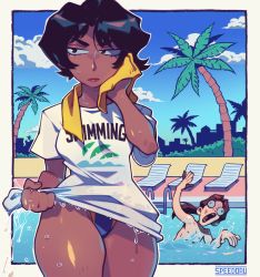 Rule 34 | 1boy, 1girl, black hair, brown eyes, brown lips, commentary, competition swimsuit, dark-skinned female, dark skin, english commentary, golden boy, hayami ayuko, highres, looking away, one-piece swimsuit, ooe kintarou, palm tree, pool, shirt, short hair, solo focus, speedoru, swimming, swimsuit, t-shirt, thick eyebrows, thick thighs, thighs, tree, wet, wet clothes, wet shirt, wringing clothes