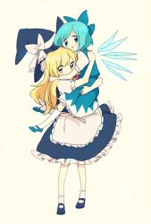 Rule 34 | 2girls, apron, blonde hair, blue eyes, blue hair, blush, bow, carrying, cirno, gomimushi, hair bow, hat, hat bow, hug, ice, ice wings, kirisame marisa, long hair, multiple girls, open mouth, puffy sleeves, short hair, short sleeves, touhou, white background, wings, witch hat, yellow eyes