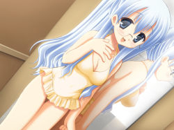 Rule 34 | 1girl, blue eyes, blue hair, blush, breasts, cleavage, female focus, glasses, hajimete no otetsudai, happy, long hair, matching hair/eyes, miyamae hitoha, one-piece swimsuit, open mouth, smile, solo, standing, studio ring, swimsuit