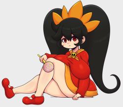 Rule 34 | 1girl, ashley (warioware), big hair, black hair, breasts, breasts apart, candy, closed mouth, dress, female focus, food, full body, grey background, hair between eyes, hairband, holding, holding candy, holding food, holding lollipop, huge breasts, lollipop, long hair, long sleeves, looking at viewer, mato spectoru, nintendo, orange hairband, orange neckwear, red dress, red eyes, red footwear, sidelocks, simple background, sitting, skull, solo, swirl lollipop, thick thighs, thighs, twintails, very long hair, warioware