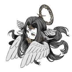 Rule 34 | 1girl, :/, bird wings, bright pupils, brown eyes, brown pupils, chibi, closed mouth, colored skin, feathered wings, final fantasy, final fantasy xiv, grey hair, hair intakes, head wings, headpiece, kuchen, long hair, no nose, silver wings, simple background, solo, spikes, spoilers, the endsinger, white background, white skin, wings