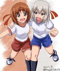 Rule 34 | 10s, angry, arm around shoulder, artist name, black legwear, blue eyes, blue shorts, brown eyes, brown hair, commentary, cross-laced footwear, frown, girls und panzer, gym shirt, gym shorts, gym uniform, headband, itsumi erika, leg up, long hair, looking at another, multiple girls, nishizumi miho, one-hour drawing challenge, open mouth, red headband, red shorts, shirt, shoes, short hair, shorts, signature, silver hair, socks, standing, standing on one leg, sweatdrop, t-shirt, three-legged race, twitter username, white footwear, white shirt, zanntetu
