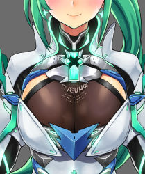 Rule 34 | 1girl, armor, blush, breastplate, breasts, character name, cleavage, clothes writing, earrings, ereraero, facing viewer, glowing, grey background, head out of frame, highres, jewelry, large breasts, lips, long hair, nintendo, pneuma (xenoblade), ponytail, sidelocks, simple background, solo, spoilers, upper body, xenoblade chronicles (series), xenoblade chronicles 2