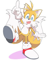 Rule 34 | 1boy, animal ears, animal nose, blue eyes, bright pupils, fox boy, fox ears, fox tail, full body, furry, furry male, gloves, index finger raised, ixy, looking at viewer, multiple tails, open mouth, shoes, simple background, snout, sonic (series), sonic the hedgehog (classic), tail, tails (sonic), teeth, upper teeth only, white background, white gloves, white pupils