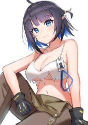 Rule 34 | 1girl, absurdres, arknights, bare shoulders, black gloves, black hair, blue eyes, blue hair, breasts, camisole, commentary, crop top, eunectes (arknights), eunectes (forgemaster) (arknights), gloves, highres, k@bu, multicolored hair, navel, official alternate costume, pants, pointy ears, short hair, solo, spaghetti strap, two-tone hair, underboob