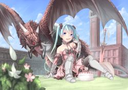 Rule 34 | 1girl, arm support, armor, armored dress, bad id, bad pixiv id, cake, cloud, day, dragon, dress, eating, elbow gloves, food, fork, gauntlets, gloves, grass, greaves, hatsune miku, highres, horns, long hair, on ground, open mouth, saraki, single horn, sitting, sky, sword, thighhighs, twintails, vocaloid, weapon