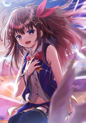 Rule 34 | 1girl, :d, blue eyes, blue skirt, blue thighhighs, blue vest, blush, brown hair, cape, cropped shirt, cropped vest, falling feathers, feathers, hair ornament, hand on own chest, happy, highres, hololive, looking at viewer, miniskirt, navel, neck ribbon, open mouth, pleated skirt, red ribbon, ribbon, sakura t, shirt, skirt, sleeveless, sleeveless shirt, smile, solo, star (symbol), star hair ornament, tears, thigh strap, thighhighs, tokino sora, tokino sora (1st costume), vest, virtual youtuber, waist cape, white cape, white shirt, white wrist cuffs, wrist cuffs