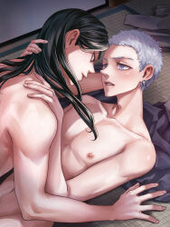 Rule 34 | 2boys, arm support, baji keisuke, black hair, blush, boy on top, collarbone, commentary request, completely nude, couple, earrings, eye contact, eyebrow cut, grey hair, groin, hair behind ear, hair slicked back, hamhassy, hand on another&#039;s neck, hand on another&#039;s shoulder, hands up, highres, imminent kiss, indoors, jewelry, lips, long hair, looking at another, lying, male focus, mitsuya takashi, multiple boys, navel, nipples, nude, on back, on floor, parted lips, pectorals, purple eyes, short hair, tatami, thick eyebrows, tokyo revengers, unworn clothes, yaoi