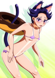 Rule 34 | 1girl, animal ears, armpits, bikini, blue eyes, blue hair, blush, cat ears, cat tail, collarbone, covered erect nipples, cowboy shot, davi (dokidoki! precure), db (dokidoki! precure), dokidoki! precure, doughnut, earrings, embarrassed, food, from side, glasses, gradient background, halftone, jewelry, leaning forward, legs apart, looking at viewer, mature female, micro bikini, navel, one-piece swimsuit, outline, oversized object, panties, parted lips, precure, purple hair, purple one-piece swimsuit, pururun z, round eyewear, side-tie bikini bottom, side-tie panties, sling bikini tan, solo, standing, string bikini, swimsuit, tail, tan, tanline, underwear, white background, white outline, yellow background