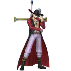 Rule 34 | 1boy, 3d, belt, boots, dracule mihawk, facial hair, full body, hand on headwear, hat, hat feather, lining, male focus, manly, mustache, official art, one piece, one piece: pirate warriors, open clothes, open shirt, serious, shaded face, shirt, simple background, solo, standing, sword, swordsman (fgo516824681), weapon, yoru (one piece)