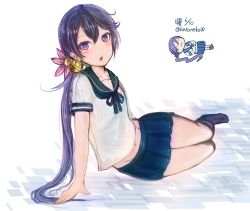 Rule 34 | 10s, 1girl, :3, akebono (kancolle), bell, flower, hair bell, hair flower, hair ornament, hatoneko, kantai collection, long hair, open mouth, school uniform, serafuku, side ponytail, simple background, solo, teruyof, very long hair