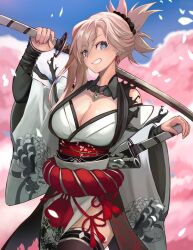 Rule 34 | 1girl, bare shoulders, black thighhighs, blue eyes, blue sky, blush, breasts, cherry blossoms, cleavage, dragon print, earrings, fate/samurai remnant, fate (series), genshu doki, grey kimono, grin, hair ornament, highres, japanese clothes, jewelry, katana, kimono, large breasts, long hair, long sleeves, looking at viewer, magatama, miyamoto musashi (fate), obi, pelvic curtain, pink hair, ponytail, rope belt, sash, sky, smile, solo, swept bangs, sword, thighhighs, thighs, weapon, wide sleeves
