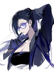 Rule 34 | 1girl, 270 (woshizongg), absurdres, arm behind head, black gloves, black hair, black jacket, black shirt, breasts, chinese commentary, cleavage, commentary, cropped torso, glasses, gloves, hair tie in mouth, highres, holding, holding own hair, jacket, long hair, long sleeves, looking at viewer, minakata hizuru, mole, mole under mouth, mouth hold, open clothes, open jacket, purple-framed eyewear, purple eyes, shirt, simple background, solo, summertime render, tying hair, upper body, white background