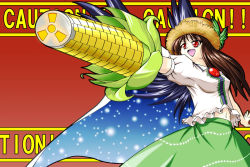 Rule 34 | 1girl, adapted costume, alternate headwear, alternate weapon, arm cannon, bird wings, black wings, blouse, breasts, brown hair, caution, corn, corn cob, female focus, hat, large breasts, long hair, natas red, navel, open mouth, radiation symbol, red eyes, reiuji utsuho, shirt, skirt, smile, solo, standing, straw hat, third eye, touhou, triangle mouth, weapon, white shirt, wings