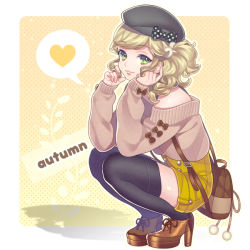 Rule 34 | 1girl, backpack, bad id, bad pixiv id, bag, beret, black thighhighs, blonde hair, bow, casual, curly hair, english text, green eyes, hat, hat bow, heart, high heels, kinm, lips, long sleeves, off shoulder, original, randoseru, ribbon, shoes, shorts, smile, solo, spoken heart, squatting, sweater, thighhighs, zettai ryouiki