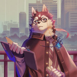 Rule 34 | 1boy, animal ears, bandaged hand, bandages, black fur, black sclera, blue eyes, blue fire, book, bookmark, cityscape, cloak, colored sclera, commentary, dog boy, dog ears, eyewear strap, fingernails, fire, furry, furry male, glasses, guard rail, holding, holding book, holding weapon, japanese clothes, looking to the side, male focus, masanori (housamo), open mouth, outdoors, ponytail, round eyewear, sharp fingernails, snout, solo, sora-ya (uya kyo), thick eyebrows, tokyo houkago summoners, twitter username, two-tone fur, upper body, weapon, white fur