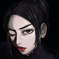 Rule 34 | 1girl, black eyes, black hair, eyelashes, forehead, ga o n, golden kamuy, hair bun, ienaga kano, looking at viewer, mole, mole under mouth, one eye closed, parted bangs, parted lips, portrait, red lips, short hair, simple background, solo
