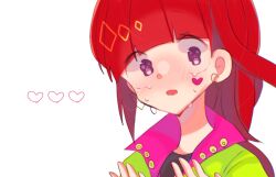 Rule 34 | 1girl, crying, earrings, facial tattoo, gnosia, green sleeves, heart, heart earrings, heart tattoo, high ponytail, highres, hime cut, jewelry, looking at viewer, ponytail, red eyes, red hair, sansansanza, simple background, solo, sq (gnosia), tattoo, white background