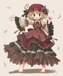 Rule 34 | 1girl, aki minoriko, alternate costume, arinu, barefoot, blonde hair, blush, dress, embellished costume, food, food-themed hair ornament, frilled dress, frills, fruit, grape hair ornament, grapes, grey background, hair ornament, hat, highres, leaf hair ornament, looking at viewer, mob cap, open mouth, outstretched arm, red eyes, simple background, solo, touhou, wide sleeves