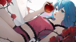 Rule 34 | 1girl, apple, bare arms, bare shoulders, blue eyes, blue hair, blue nails, breasts, camisole, collarbone, commentary, curtains, flower, food, fruit, hair between eyes, hatsune miku, heridy, holding, holding food, holding fruit, long hair, looking at viewer, lying, nail polish, navel, on back, panties, pink camisole, pink panties, polka dot, polka dot camisole, polka dot panties, red apple, red flower, red rose, romeo to cinderella (vocaloid), rose, small breasts, solo, symbol-only commentary, thorns, underwear, underwear only, vocaloid, white background