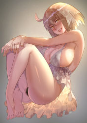 Rule 34 | 1girl, ahoge, ass, bad id, bad pixiv id, barefoot, black panties, blonde hair, blush, breasts, club3, covered erect nipples, dress, fate/grand order, fate (series), feet, full body, gradient background, grey background, head tilt, highres, jeanne d&#039;arc (fate), jeanne d&#039;arc alter (avenger) (fate), jeanne d&#039;arc alter (fate), large breasts, nipples, open mouth, panties, partially visible vulva, plantar flexion, short hair, smile, solo, underwear, white dress, yellow eyes
