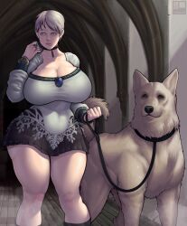 Rule 34 | 1girl, alternate breast size, animal collar, blonde hair, blue eyes, breasts, cleavage, collar, demento, dog, fiona belli, hewie, highres, huge breasts, leash, long sleeves, miniskirt, mursty, shirt, skirt, standing, thick thighs, thighs, white shirt