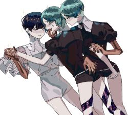 Rule 34 | 3others, androgynous, artist request, blue eyes, blue hair, blunt bangs, crystal hair, finger in own mouth, gem uniform (houseki no kuni), golden arms, green eyes, green hair, hand on another&#039;s hip, heterochromia, highres, holding another&#039;s arm, holding hands, houseki no kuni, multiple others, multiple persona, necktie, phosphophyllite, phosphophyllite (ll), see-through, selfcest, short hair, smile, sparkle, spoilers, white background, white eyes