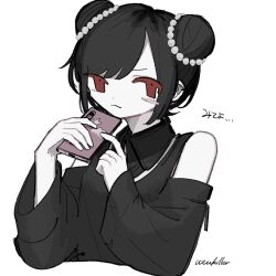 Rule 34 | 1girl, :&lt;, bare shoulders, beads, black hair, black shirt, black sleeves, blush stickers, closed mouth, colored eyelashes, commentary, cropped torso, detached sleeves, double bun, hair beads, hair bun, hair ornament, hands up, highres, holding, holding phone, index finger raised, looking at viewer, misakai nai, monmon fanmoran (vocaloid), pale skin, phone, red eyes, shirt, simple background, single blush sticker, sleeveless, sleeveless shirt, solo, translation request, twitter username, upper body, v-shaped eyebrows, vocaloid, white background