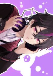 1boy fragaria_memories hair_between_eyes hand_up headphones headphones_around_neck highres holding jacket koyuuuuuuuuuuu kurode_(fragaria_memories) long_sleeves looking_at_viewer male_focus multicolored_hair open_clothes open_jacket purple_eyes purple_hair sanrio shirt sleeves_past_wrists solo streaked_hair white_shirt