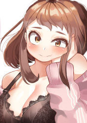 Rule 34 | 1girl, absurdres, alternate costume, black bra, blush, boku no hero academia, bra, breasts, brown eyes, brown hair, cardigan, cleavage, hand on own cheek, hand on own face, head rest, highres, lace, lace-trimmed bra, lace trim, looking at viewer, medium breasts, open cardigan, open clothes, pink sweater, short eyebrows, short hair, sidelocks, simple background, solo, sweater, underwear, upper body, uraraka ochako, white background, zd (pixiv6210083)