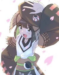 Rule 34 | 1other, bare shoulders, black hair, black hat, cherry blossoms, detached sleeves, feather hair ornament, feathers, gradient ray, green hair, grey eyes, hair ornament, hand on own hip, hat, highres, indie virtual youtuber, light blush, obi, open mouth, sash, short hair with long locks, sleeveless, smile, solo, tabinoki kanae, tabinoki kanae (1st costume), virtual youtuber, youtube