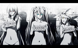 Rule 34 | 3girls, aqua eyes, groin, hair ornament, hair ribbon, hairclip, hatsune miku, high contrast, highres, holding, holding sign, ism, ism (inc), kagamine rin, letterboxed, lineup, long hair, megurine luka, monochrome, mugshot, multiple girls, naughty face, nude, out-of-frame censoring, pink eyes, ribbon, short hair, sign, smile, spot color, tongue, twintails, very long hair, vocaloid, yellow eyes