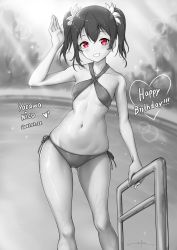 Rule 34 | 1girl, artist name, artist request, bare legs, bare shoulders, bikini, bikini skirt, black hair, blush, bow, breasts, cleavage, collarbone, criss-cross halter, female focus, flat chest, flower, greyscale, hair between eyes, hair bow, hair flower, hair ornament, halterneck, hand wave, heart, highres, long hair, looking at viewer, love live!, love live! school idol festival, love live! school idol project, monochrome, parted lips, pool, pool ladder, poolside, red bikini, red eyes, shangri-la shower, short hair, short twintails, side-tie bikini bottom, small breasts, smile, solo, sparkle, swimsuit, teeth, thighhighs, twintails, unsfrau, white flower, wide hips, yazawa nico