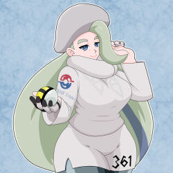 Rule 34 | 1girl, blonde hair, blue eyes, breasts, creatures (company), dcgamingsmc, earrings, fur hat, game freak, gloves, half-closed eyes, hat, highres, holding, holding poke ball, jewelry, large breasts, long hair, long sleeves, mature female, melony (pokemon), multicolored hair, nintendo, pantyhose, pantyhose under shorts, pearl earrings, poke ball, pokemon, pokemon swsh, ring, scarf, shorts, side slit, side slit shorts, single glove, solo, streaked hair, sweater, ultra ball, ushanka, wedding ring, white scarf, white sweater