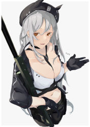 Rule 34 | 1girl, between breasts, black gloves, black headwear, black necktie, black pantyhose, black shorts, blouse, breasts, cleavage, collarbone, commentary, cropped legs, english commentary, fn spr a3g, girls&#039; frontline, gloves, gun, highres, holding, holding gun, holding weapon, long hair, looking at viewer, medium breasts, navel, necktie, necktie between breasts, open mouth, pantyhose, rifle, shirt, shorts, sniper rifle, solo, spr a3g (girls&#039; frontline), standing, sutekina awa, weapon, white background, white hair, white shirt, yellow eyes
